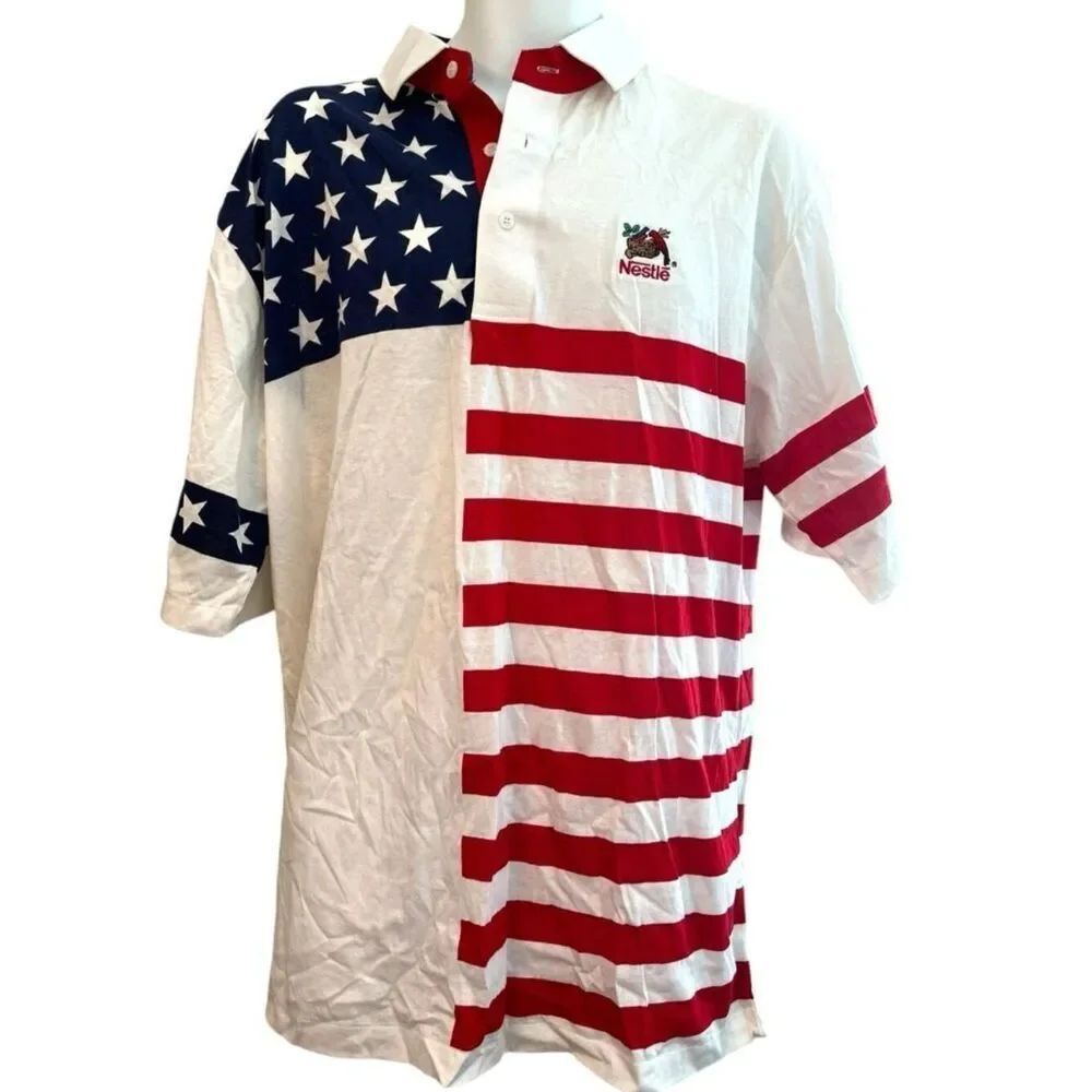 Vtg Antigua Mens XL USA Flag Polo Shirt Embroidered Nestle Logo Stars Stripes